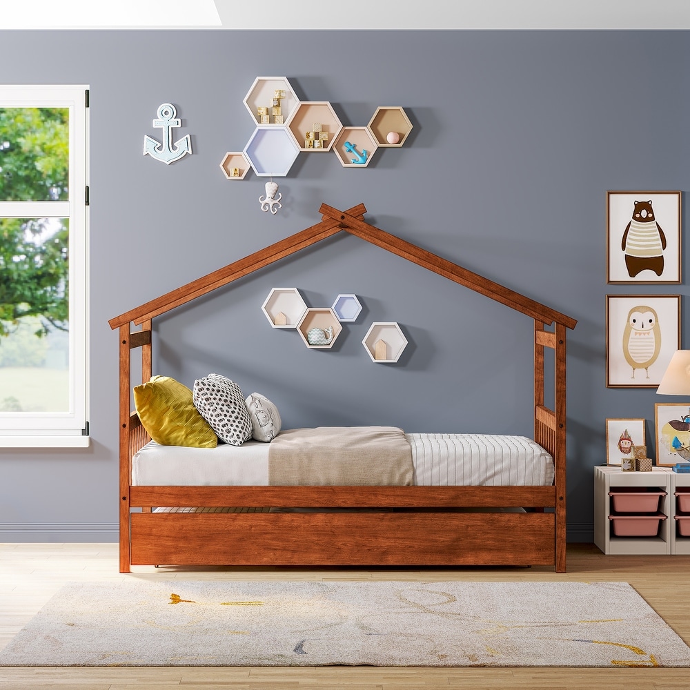 Twin Imaginative House Daybed with Headboard for Kids Girls Boys  Wooden Storage Platform Bedframe w/Trundle   Sky Roof  Walnut