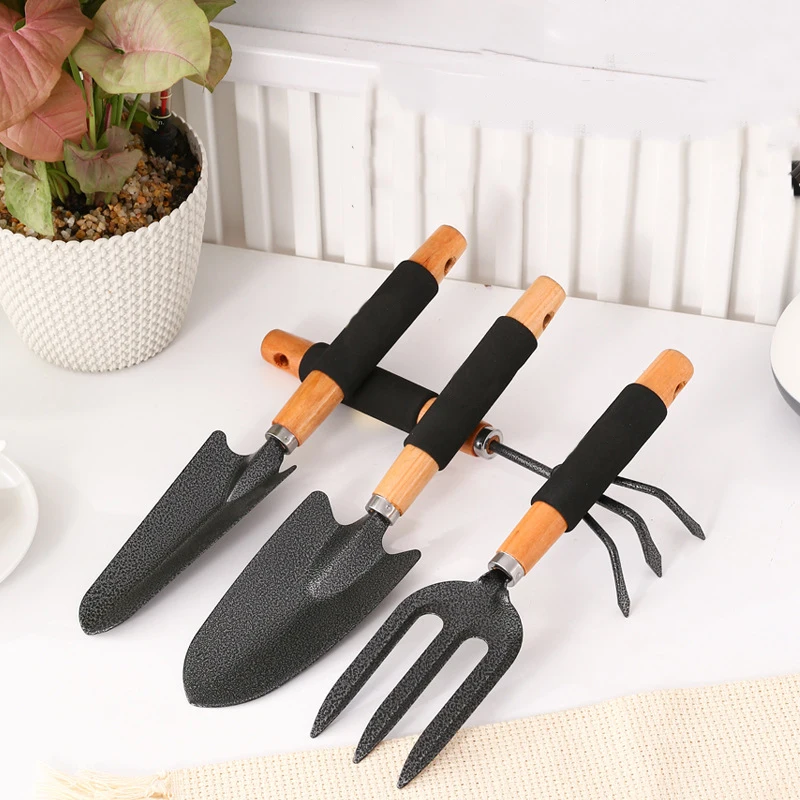 High Quality 5 Pieces Double Hoe Shovel Spade Rake Fork Mini Hand Tool Set Gardening Kit with Sponge Covered Wooden Handle