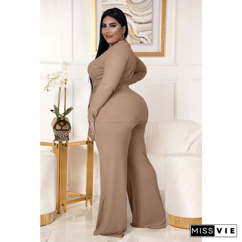 Knitted Bandage T Shirt Wide Leg Pants Plus Size Set