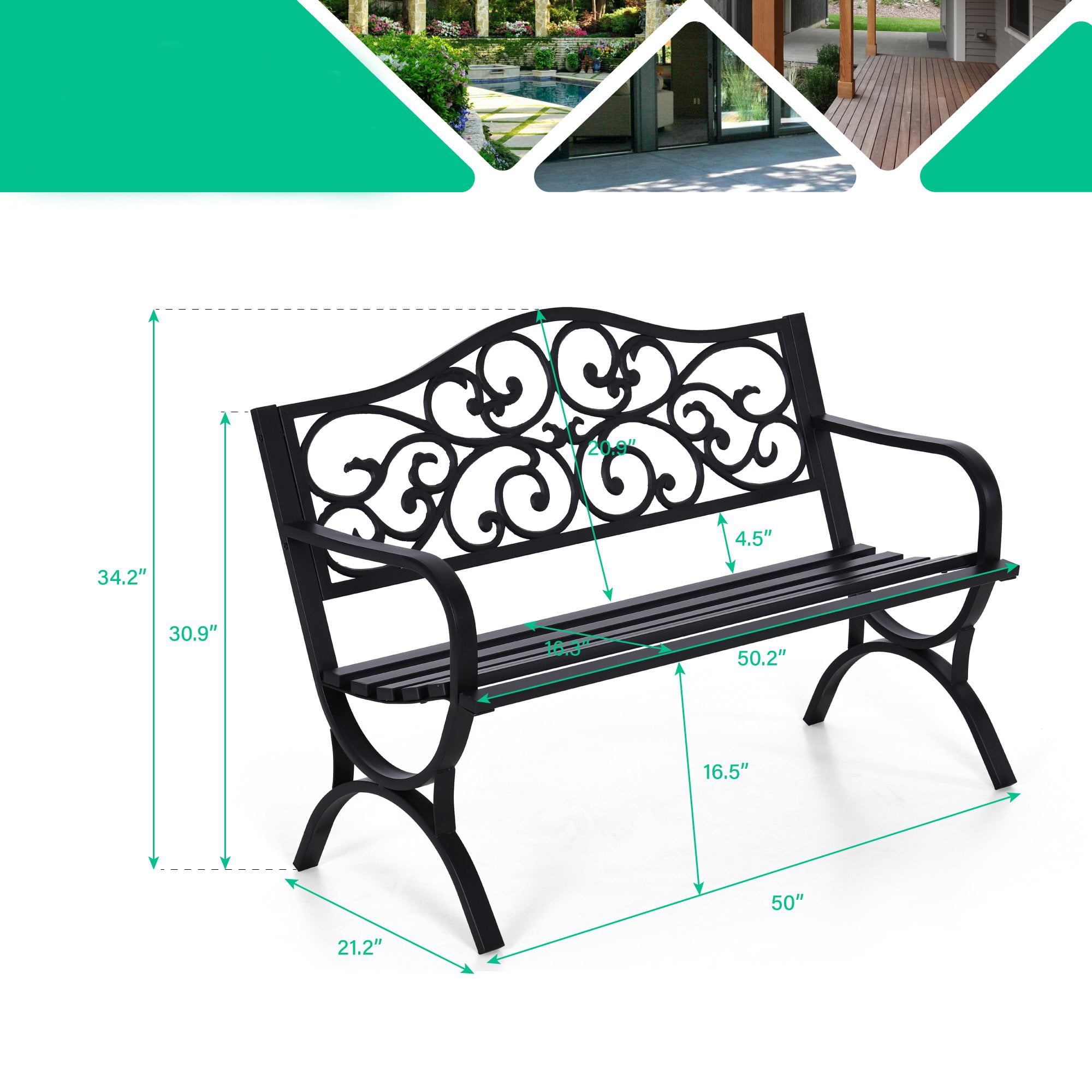 MF Studio Garden Bench 50 Inch Cast Iron Steel Frame Chair W/Floral Design Backrest, Black