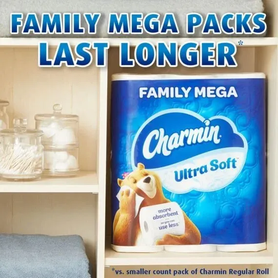 Ultra Soft Cushiony Touch Toilet Paper, 24 Family Mega Rolls = 123 Regular Rolls