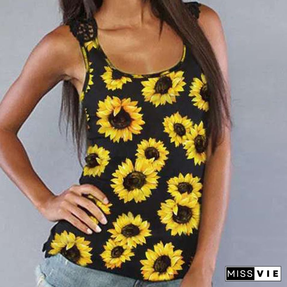 Women's Summer Sleeveless Sunflower Lace Splicing Open Back Tank Tops Casual Scoop Neck Shirt Tops Plus Size