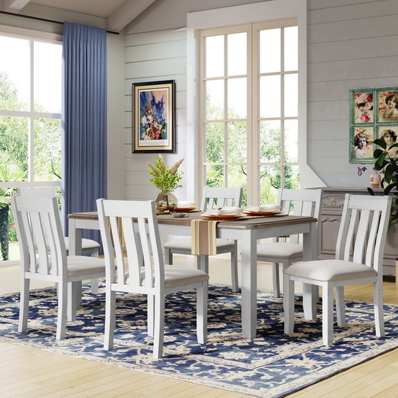 Trexm Retro Style 7 Piece Dining Table Set with Ex...