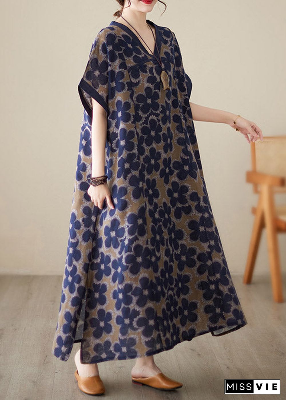 Vintage Blue V Neck Print Robe Dresses Short Sleeve