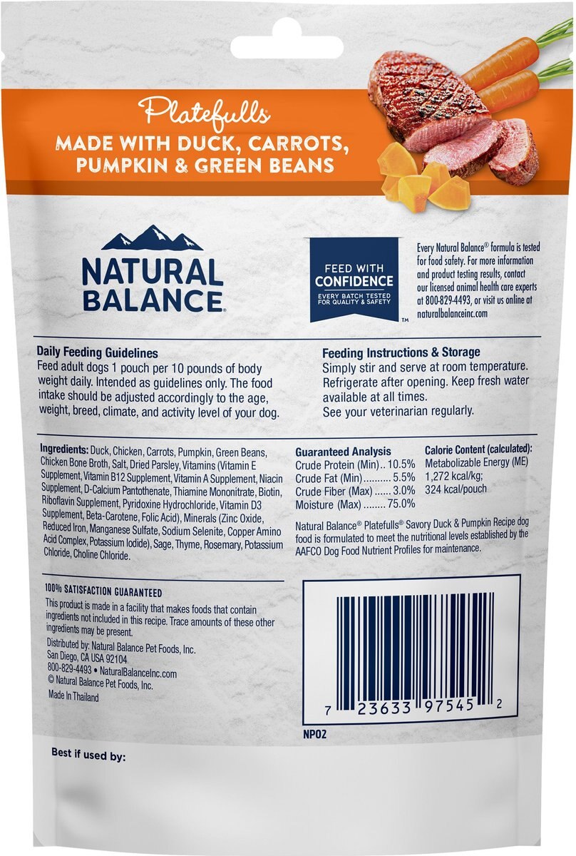 Natural Balance Platefulls Savory Duck and Pumpkin Recipe Wet Dog Food， 9-oz pouch， case of 6