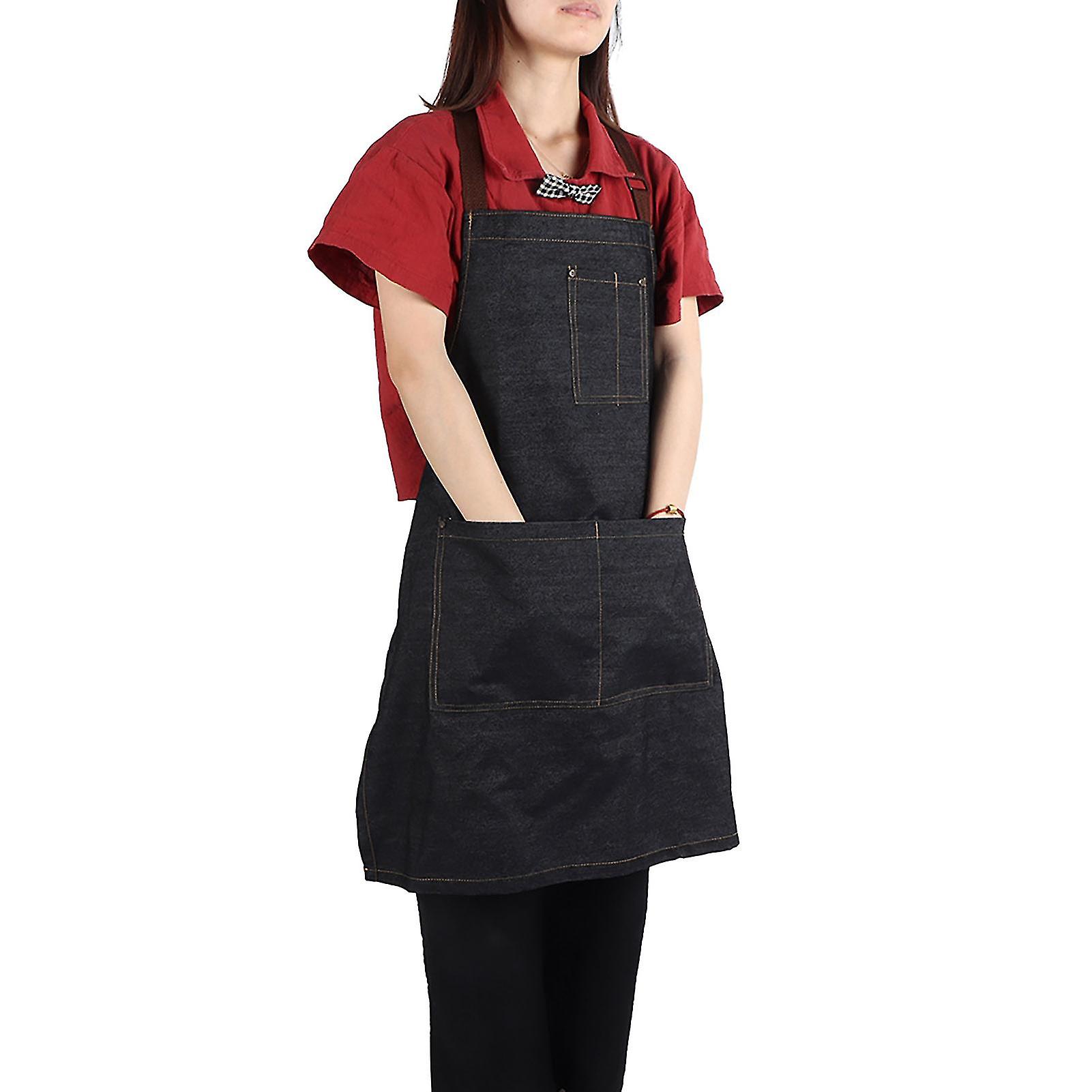 Unisex Denim Working Pockets Apron for Drawing Painting Restaurant Coffee Waiter (Black)