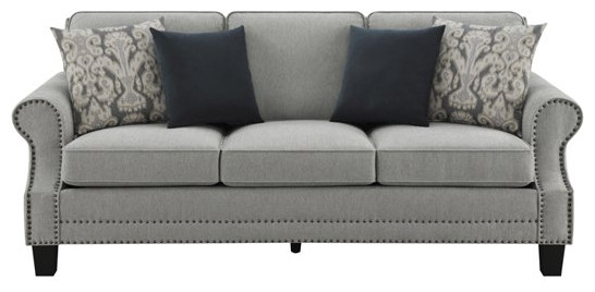 Unique Sofa  Rolled Sculpted Arms With Nailhead Trim  ampCushioned Seat  Gray   Transitional   Sofas   by Decorn  Houzz