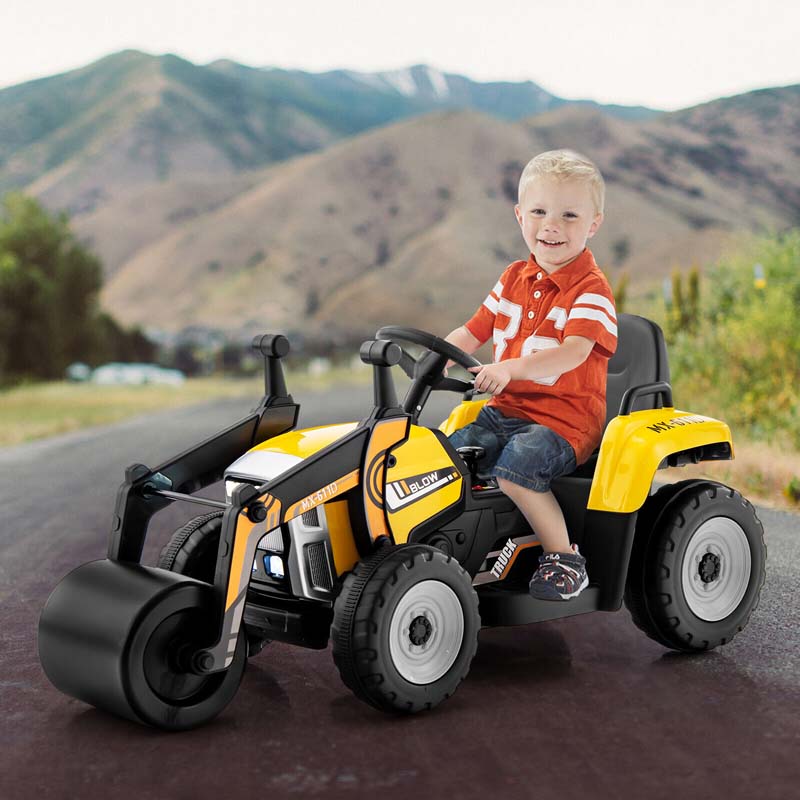 12V Kids Ride On Road Roller with Drum Roller, Battery Powered Electric Tractor RC Construction Vehicle