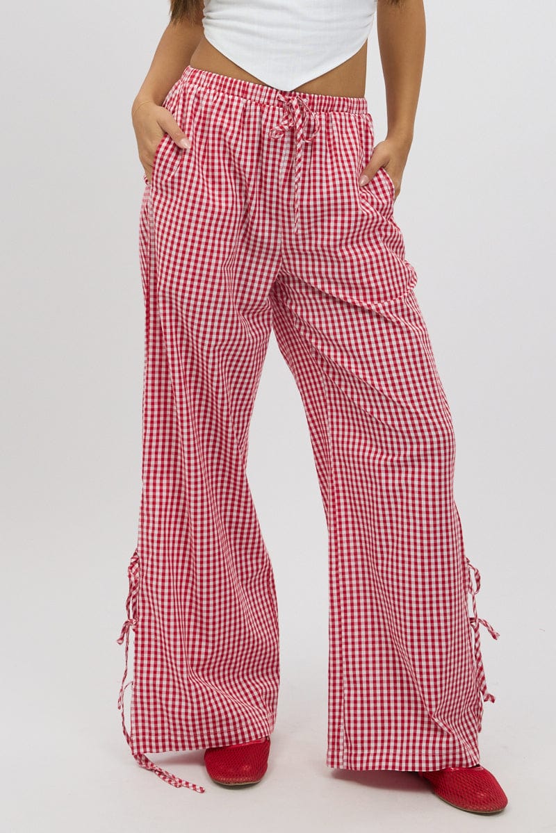 Red Check Wide Leg Pants Side Ribbon