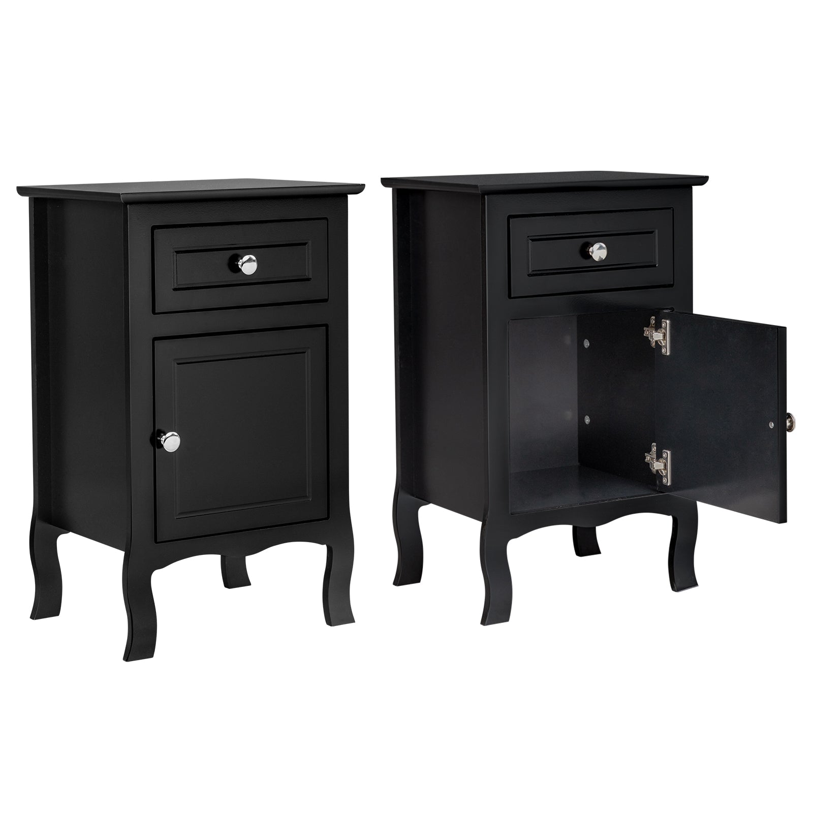 Set of 2 Nightstand Bedroom Bedside Table with Drawer and Cabinet Storage, Country Style Night End Table with Mental Handle, Suitable for Living Room Bedroom, Black