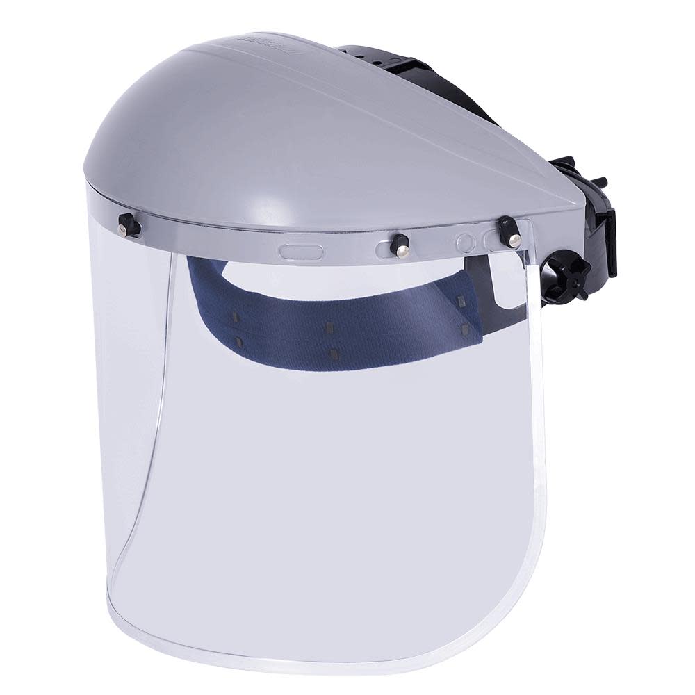 Single Crown Safety Face Shield with Ratchet Headgear， Uncoated Aluminum Bound Window， Clear Tint， Gray Crown