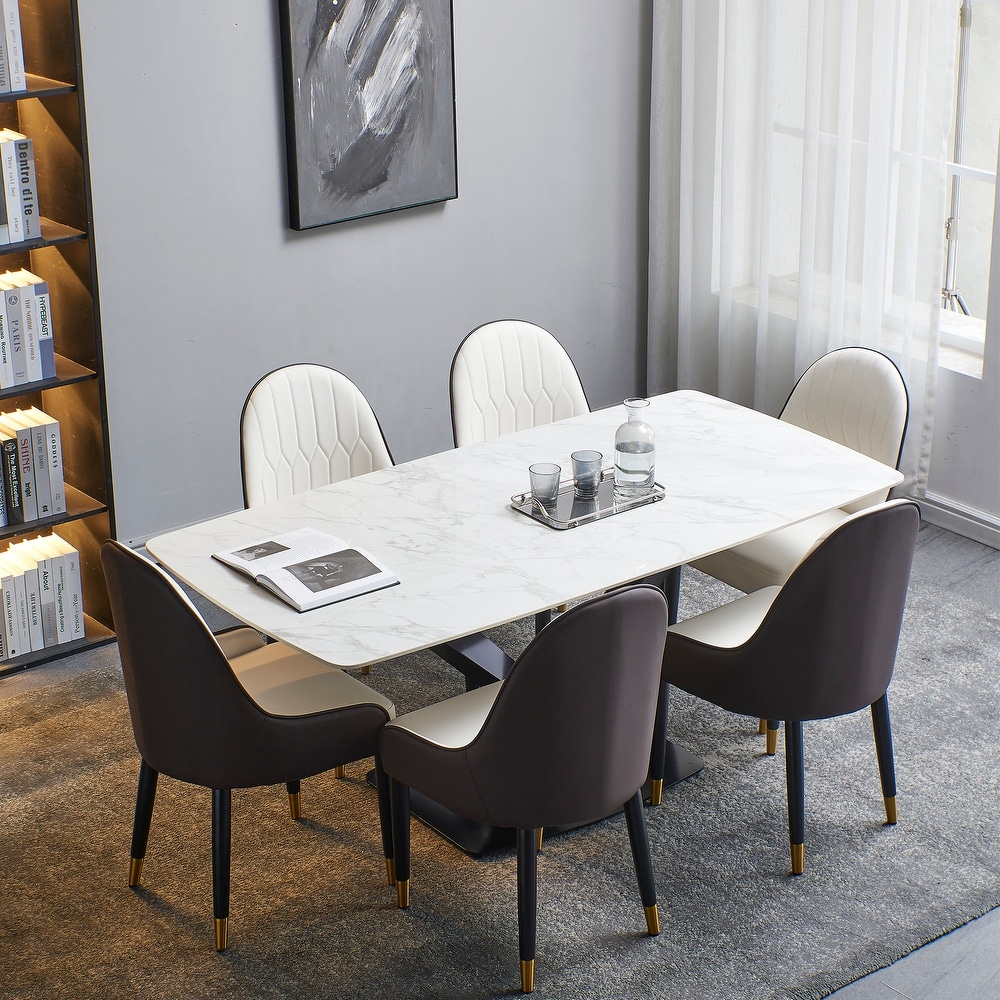 Sintered stone dinning table with 6 pcs Chairs  Carrara white color   Modern Dinning table 63inch with solid black frame