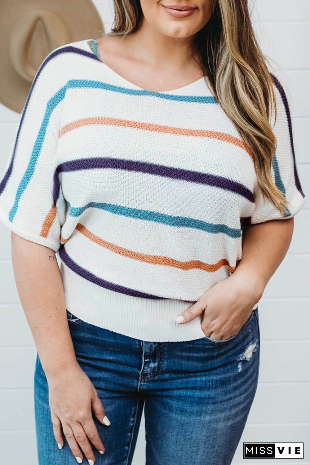 Plus Size Multicolor Striped Knit Short Sleeve Top