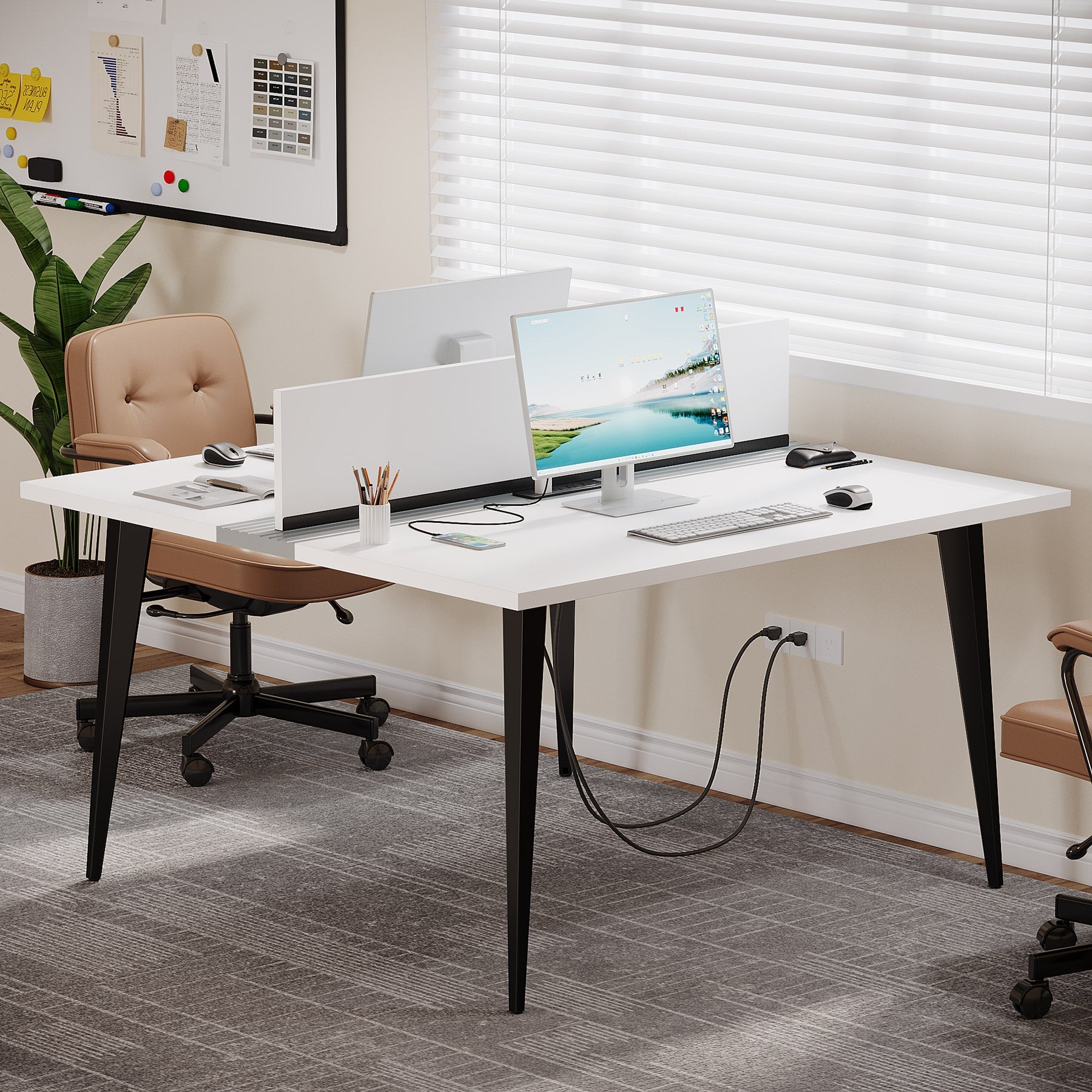 2 Person Computer Desk, Square Office Desk With Power Outlet