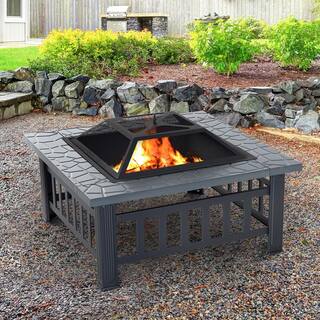 Outsunny 32 in. W x 18 in. H Square Steel Outdoor Patio Wood Burning Fire Pit Table in Black with Poker and Water Resistant Cover 842-073