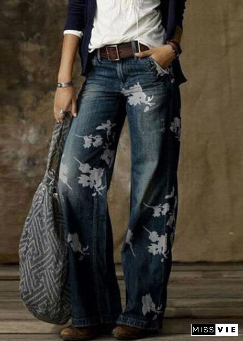 Women Daisy Print Pockets Patchwork Denim Straight Pants Spring