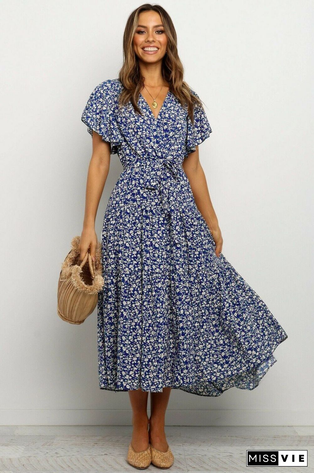 Short Sleeve Floral Tie Front Maxi Dress