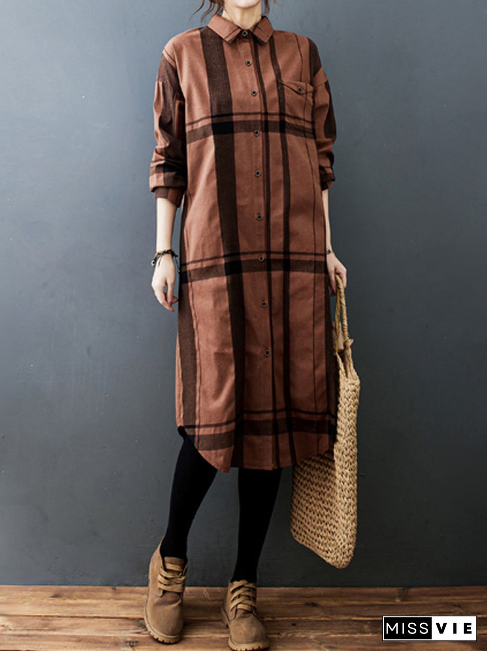 Vintage Solid Long Sleeve Pleats Blouse Shirt Dress