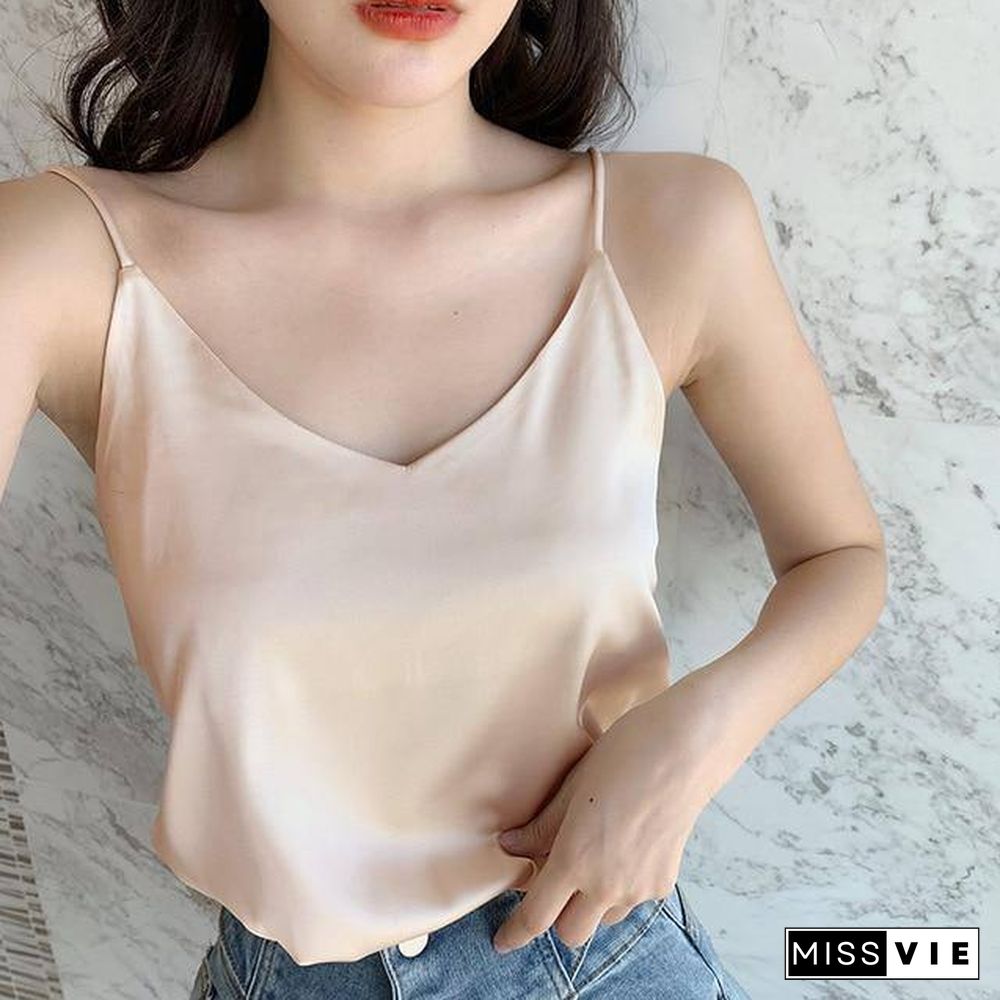 Korean Silk Top Women V-neck Satin Tank Tops Woman Sleeveless Black Tees Cami Sexy Halter Top Plus Size Elegant Women White Tops