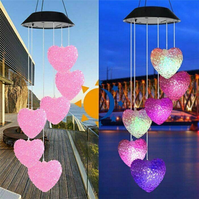 Cocobaby Color-changing LED Solar Powered Pink Heart Wind Chime Light Yard Garden Decor-Pink