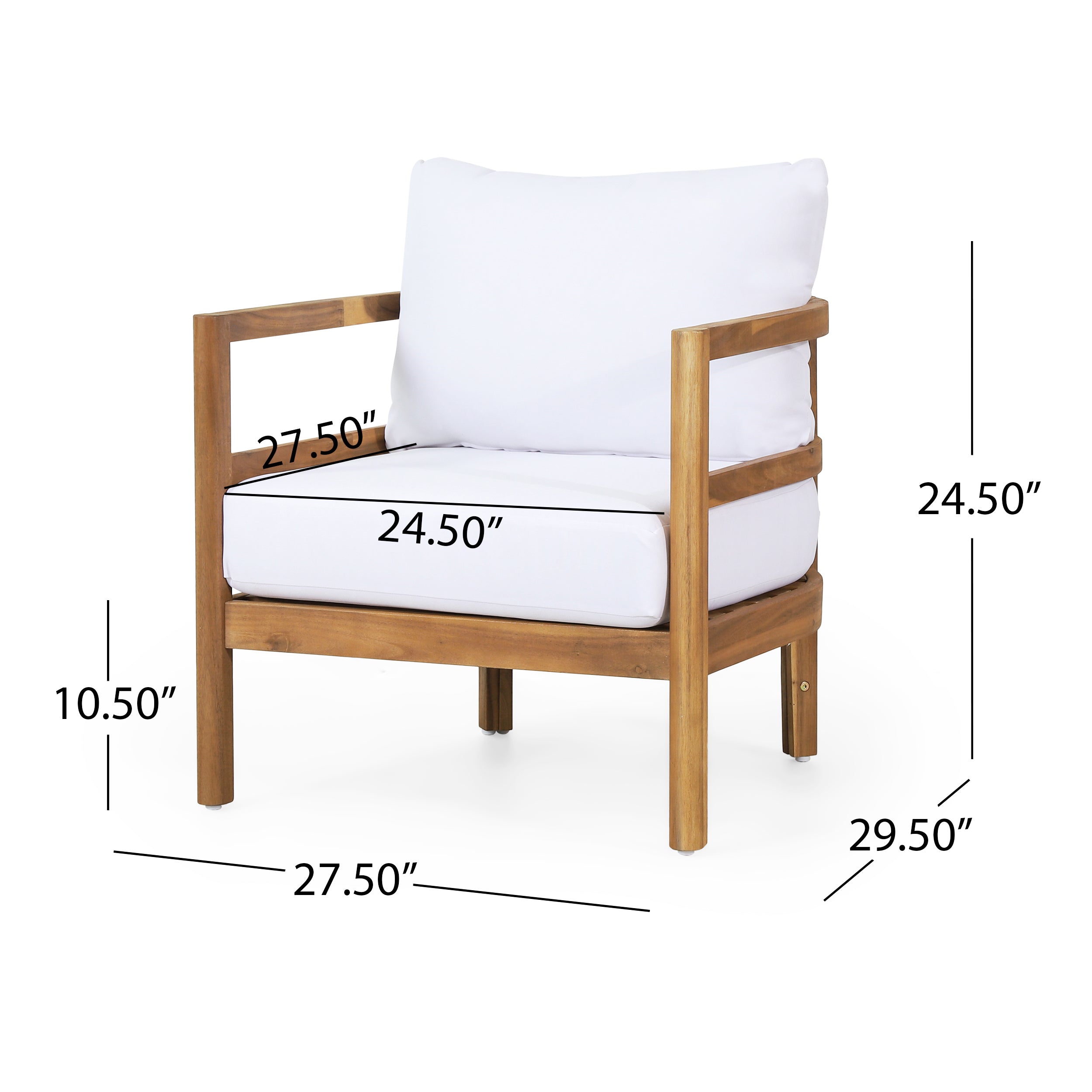 Aggie Outdoor Acacia Wood Club Chair with Cushions, Teak and White