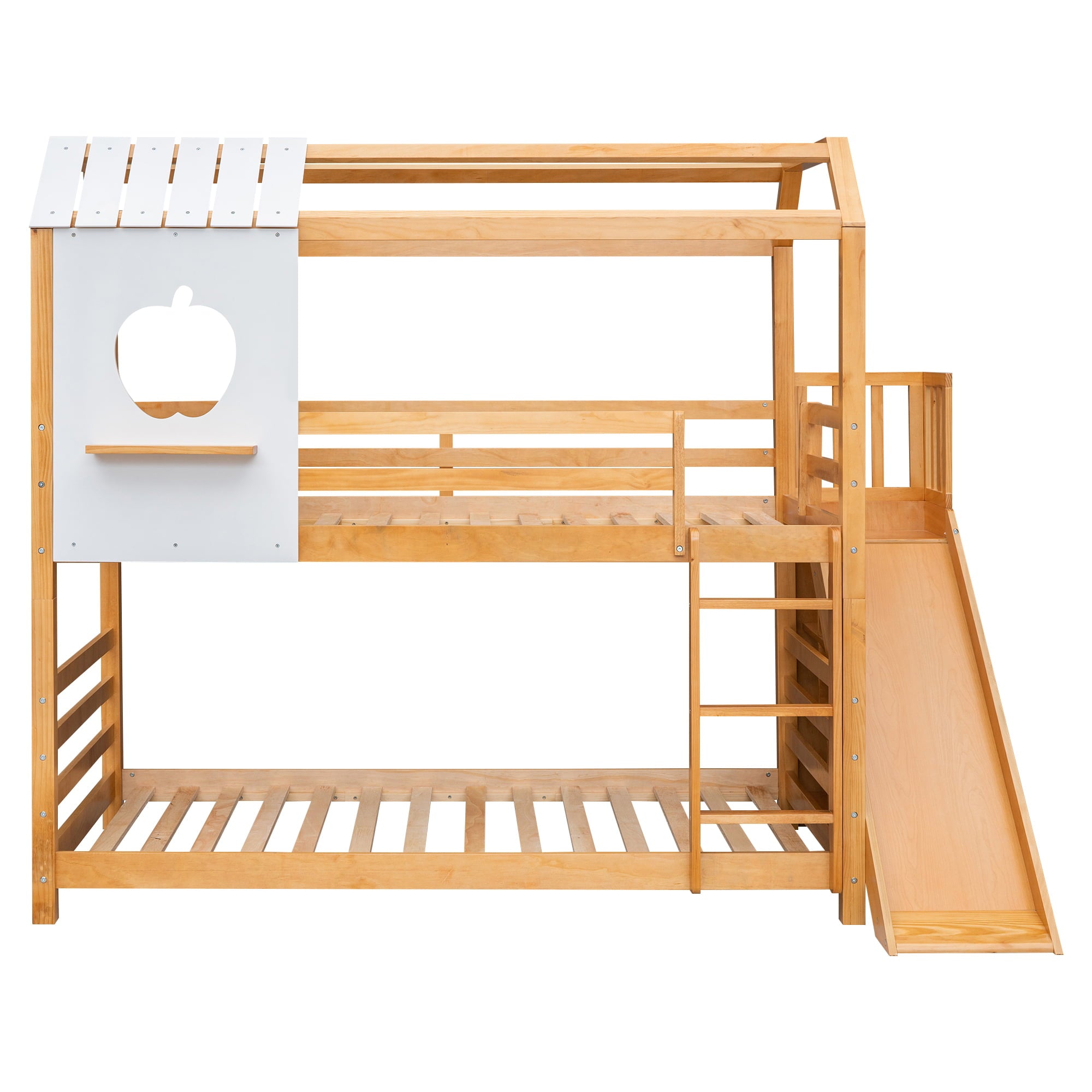 Twin Size House Bunk Bed with Slide and Shelf for Kids Bedroom, Natural