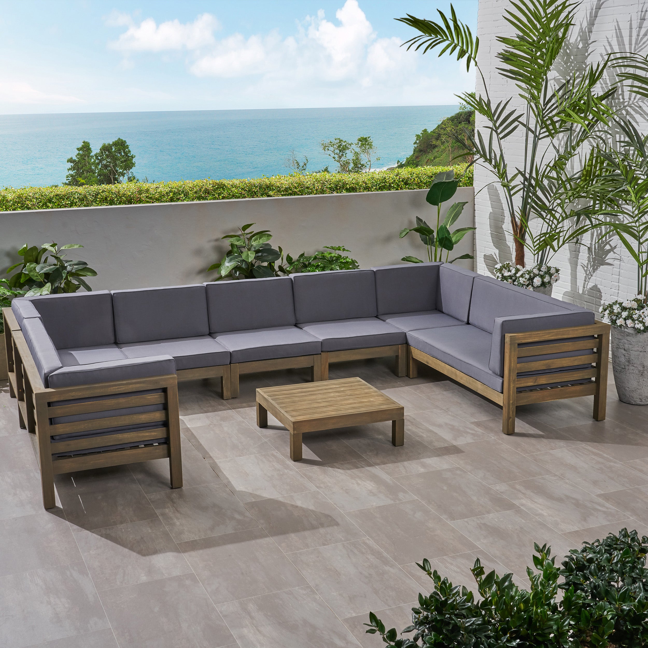 Emma Outdoor 9 Seater Acacia Wood Sectional Sofa Set