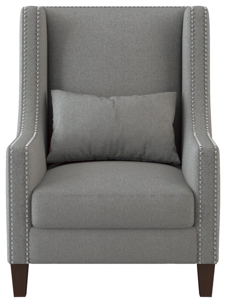 Elegant Accent Chair  Gray Textured Upholstered Seat With Sloped Arms  Nailhead   Transitional   Armchairs And Accent Chairs   by Declusia  Houzz