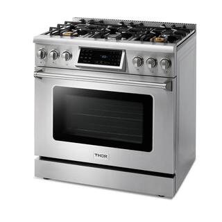 Thor Kitchen Tilt Panel 36-in 6 Burners Freestanding Gas Range with self-cleaning air fry convection oven in. Stainless Steel in LP TRG3601ULP