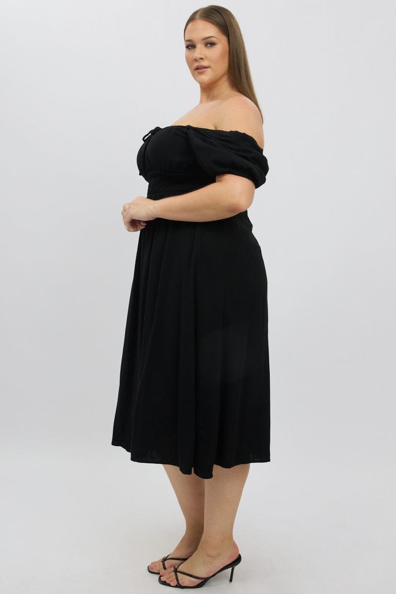 Black Midi Dress Short Sleeve Ruched Bust Linen Blend