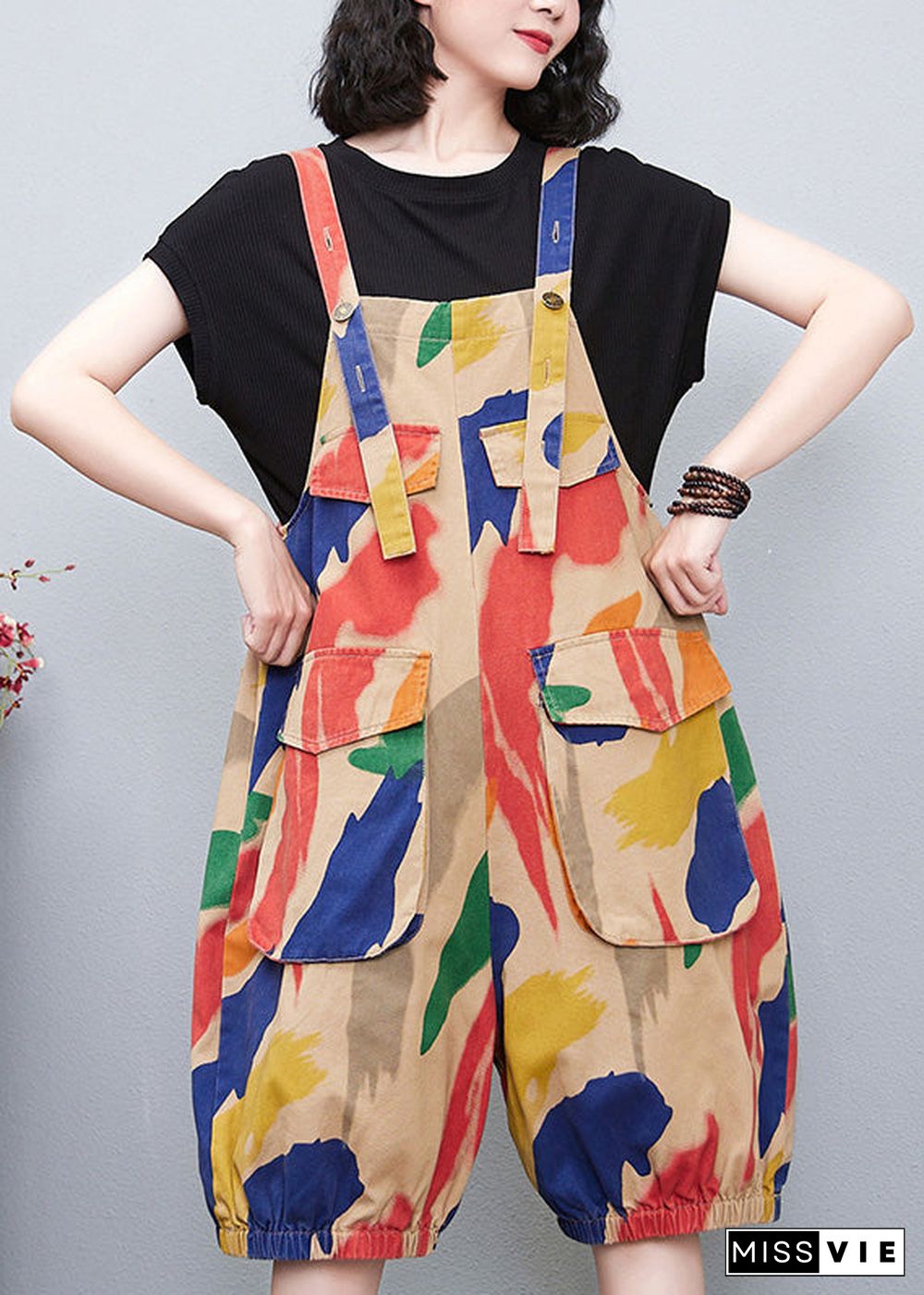 DIY Apricot Slash Neck Print High Waist Jumpsuit Summer