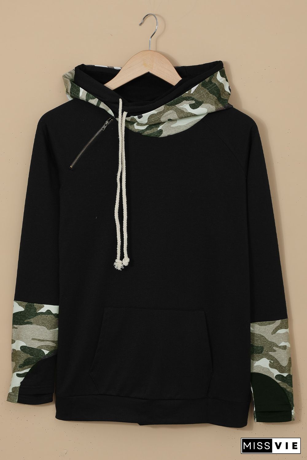 Camo Print Double Hoods Thumb Hole Hoodie