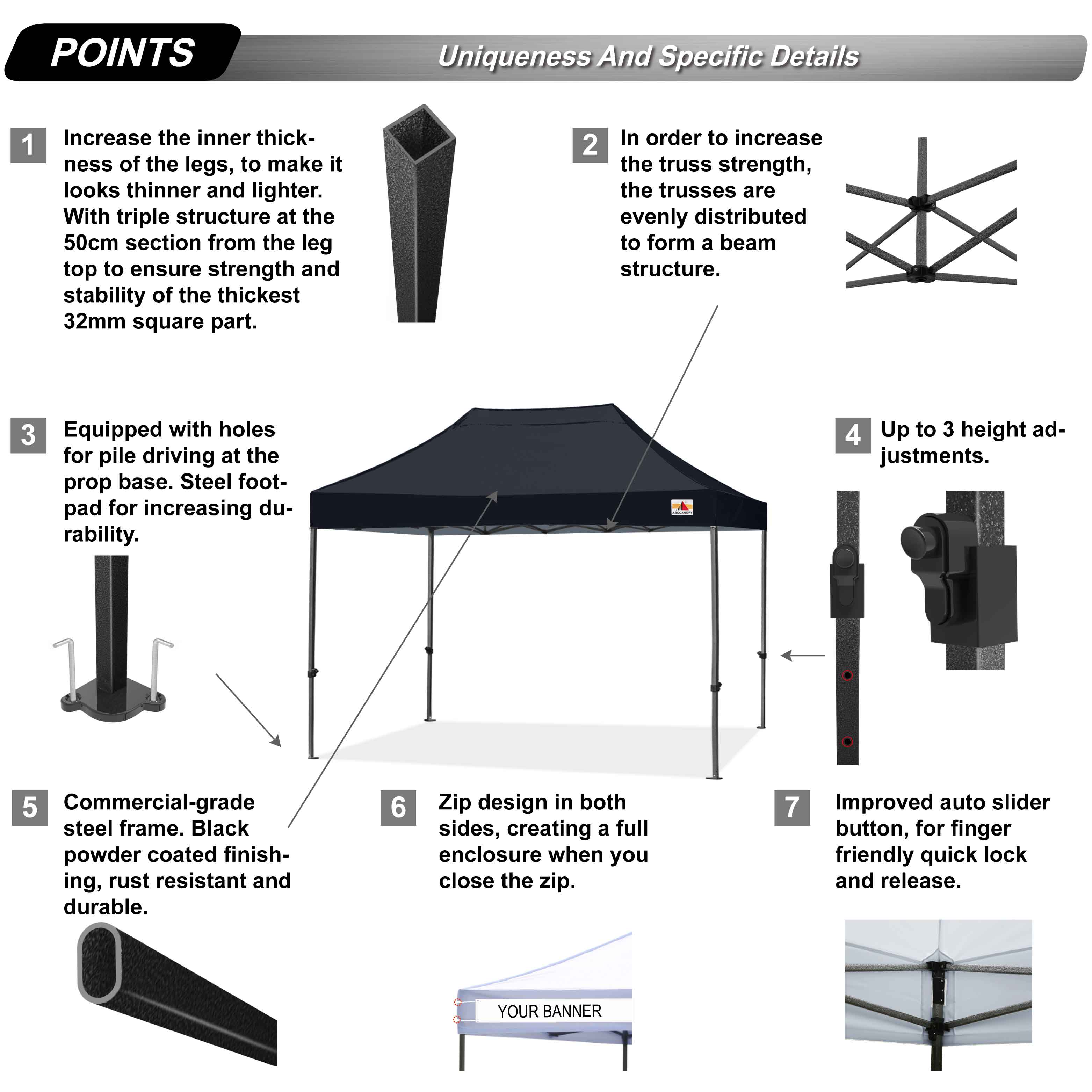 ABCCANOPY 10ft x 10ft Sturdy Instant Shelter Metal Outdoor Pop up Canopy，Black