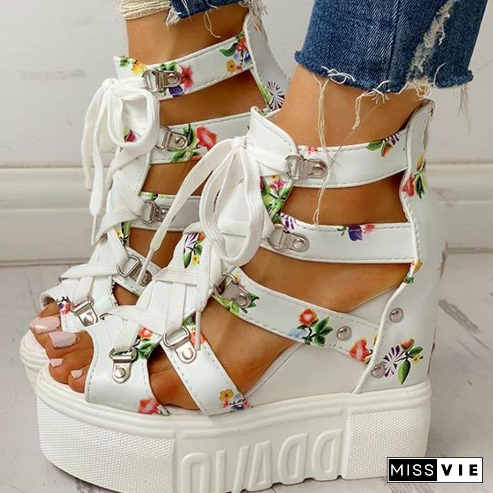 INS Hot Print Leisure Wedges Women's Shoes Summer Shoes Women Sandals Platform Shoelaces High Heels Casual Shoes Woman