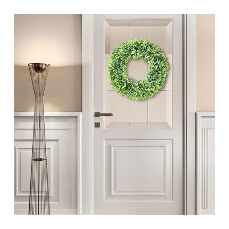 Hh 57 Cheap Price Garden Supplies Boxwood Grass Garland Green Plastic Leaf Wreath for Door Decorative