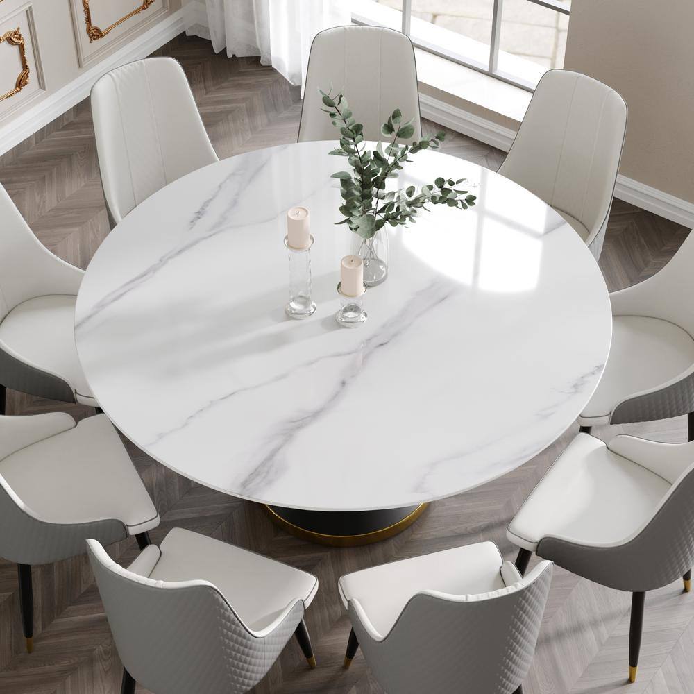 JE Home 59.05 in. White Modern Round Sintered Stone Dining Table with Carbon Stainless Steel Base (Seats 8) PVS-DT0141DW120