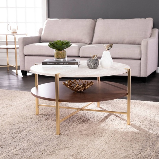 Amelia Round Faux Marble Cocktail Table Brass Aiden Lane