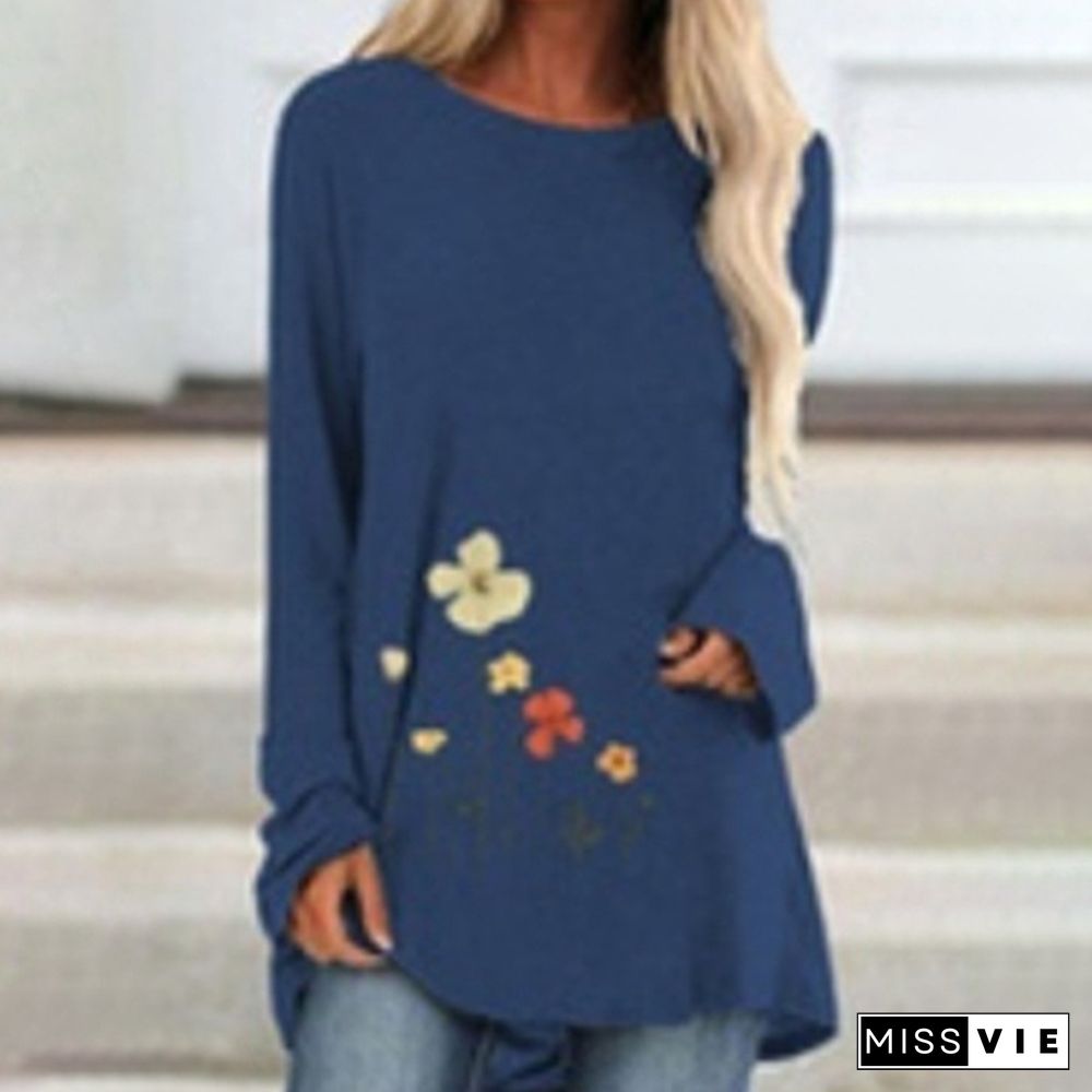 Spring and Autumn Plus Size Fashion Women Clothing Flowers Printed Casual T-shirt Ladies Long Sleeve Round Neck Pullover Tops