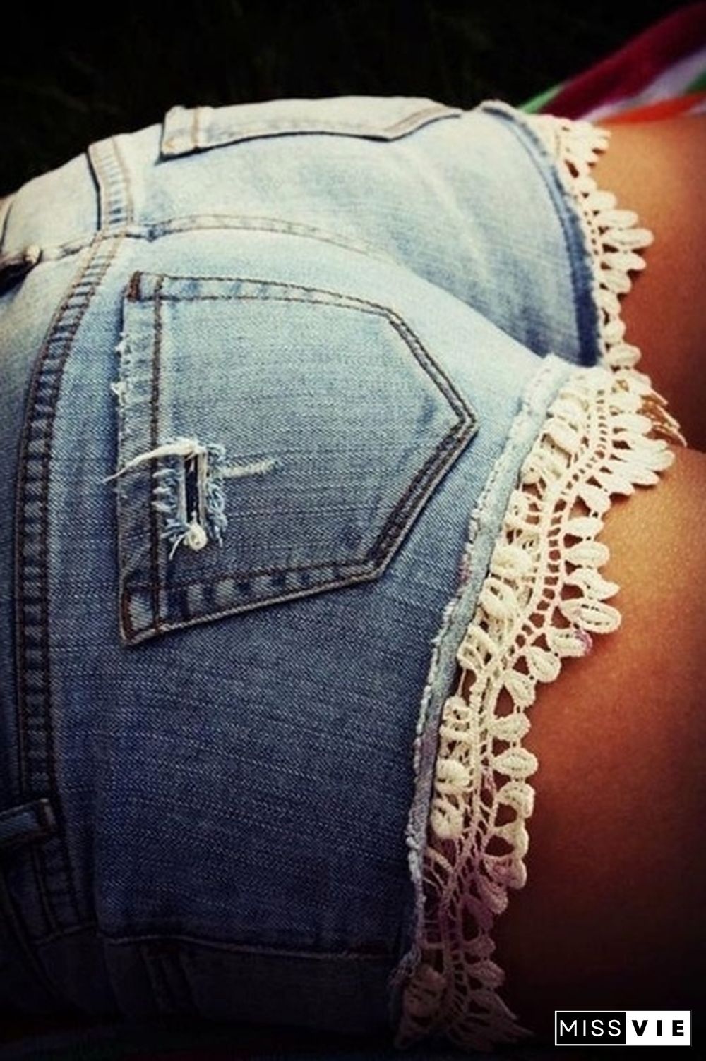 New Women Sexy Pachwork Denim Shorts Lace Trouser