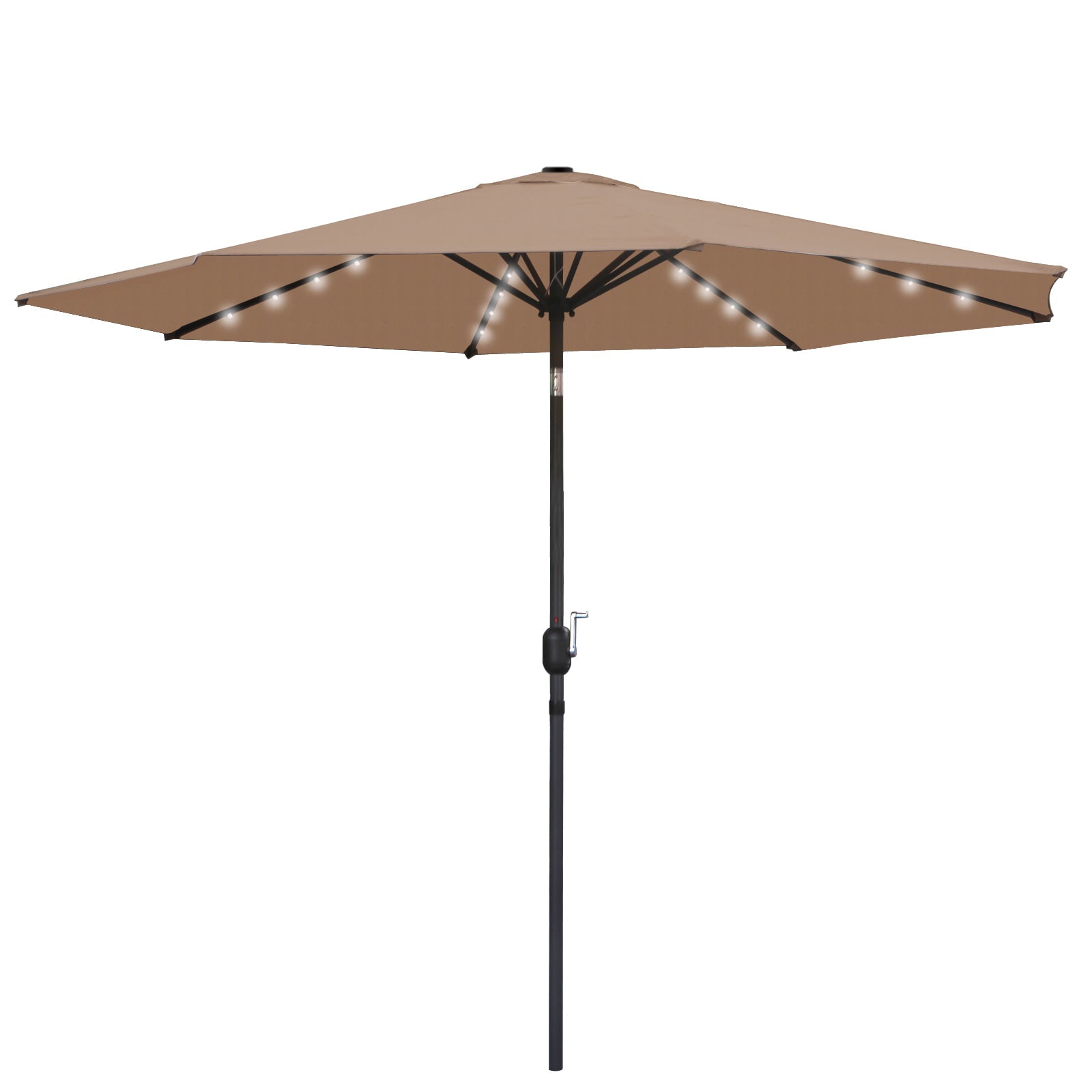 Zeny 10 ft Patio Backyard Umbrella LED Solar Power W/ Crank Lift System, Tan