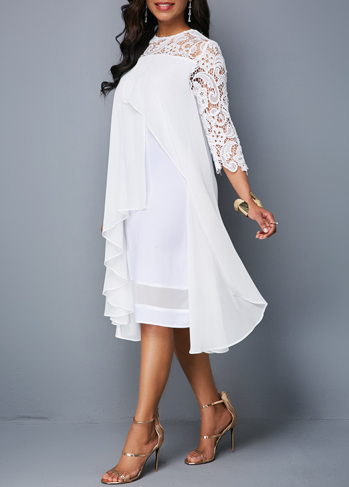 White Flyaway Round Neck Lace Patchwork Dress