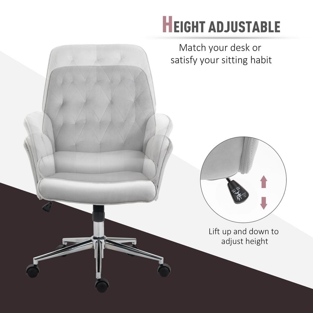 Vinsetto Light Grey Velvet Fabric Desk Chairs with Adjustable Height and Padded Armrests 921-102V02GY