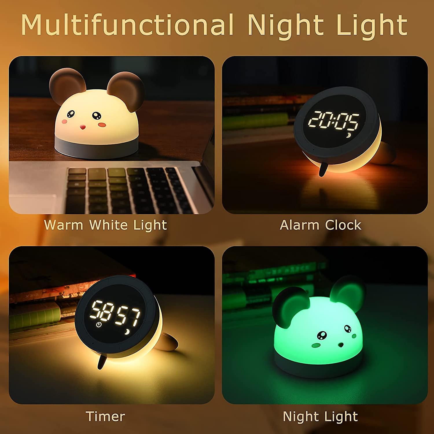 Kids Night Light 3-in-1 Alarm Clock And Nightlight 7 Colors Led Portable Gollum Mouse Bedside Clock Silicone Adjustable Brightness With Remote Control