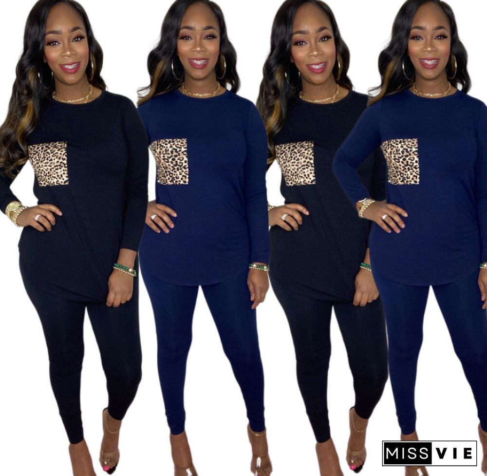 Women's Leopard Collage Long Sleeve T-shirt Skinny Pants Suit