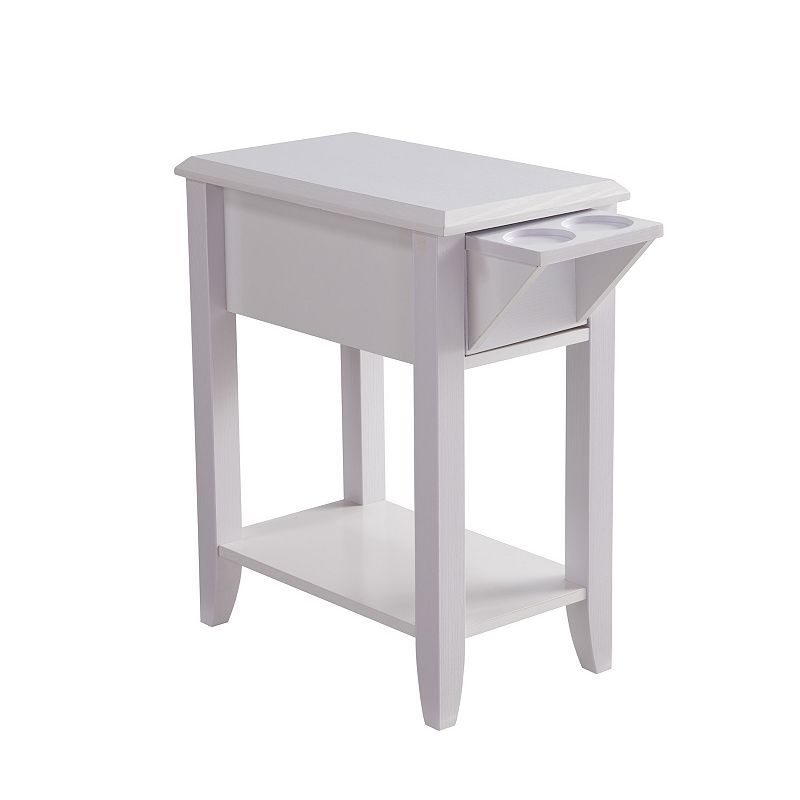 FC Design White Chairside Table with 2 Cupholders， Extendable Drawer and Bottom Shelf