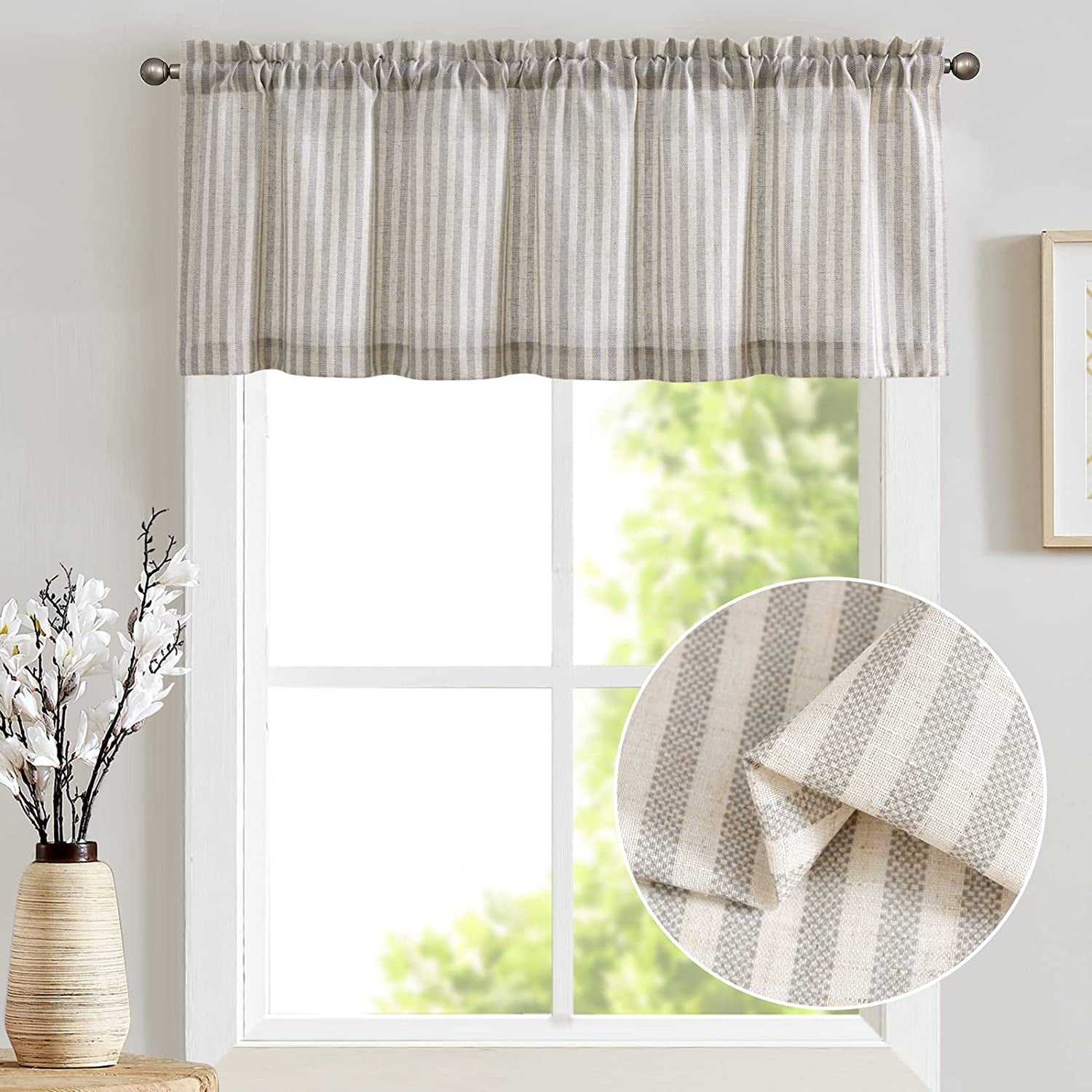 CURTAINKING Kitchen Valance Curtain Stripe Pattern Farmhouse Window Valance 16 inch Linen Window Treatment for Bathroom Bedroom Rod Pocket 1 Panel Grey