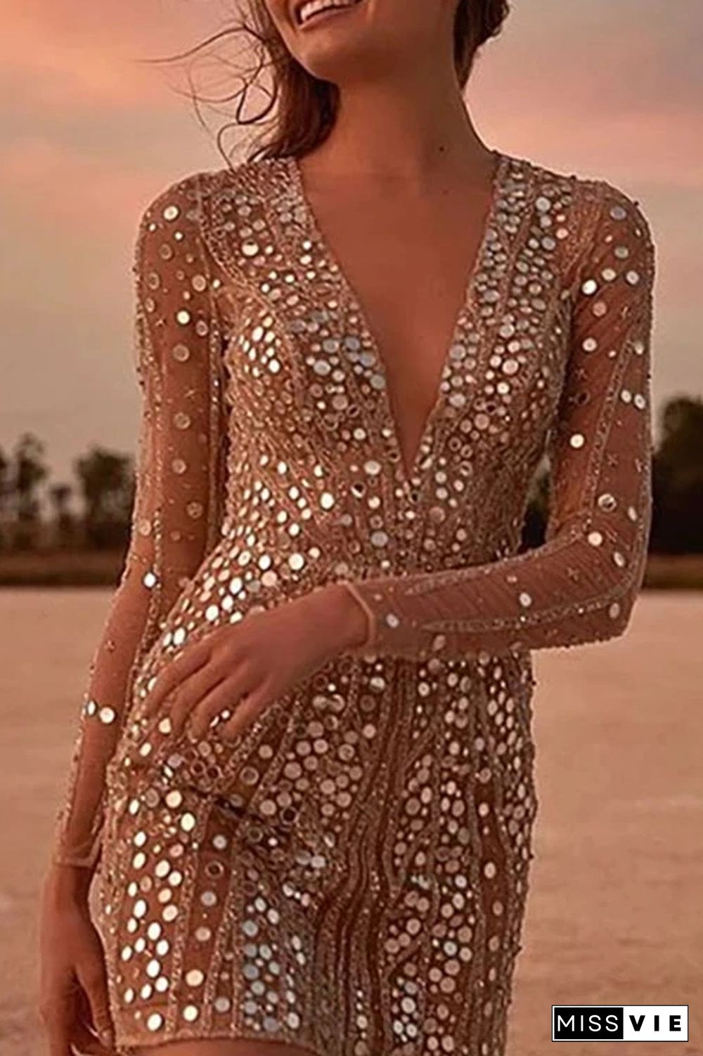 Deep V Neck Sequin Party Queen Dress