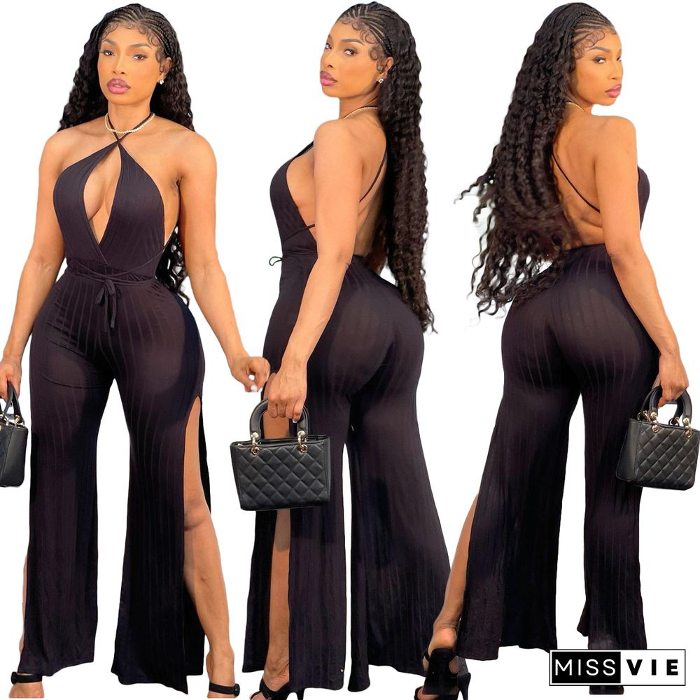 Sexy Women Solid Color Deep V-Neck Sleeveless Wide Leg Slit Hem Backless Halter One Piece Jumpsuit