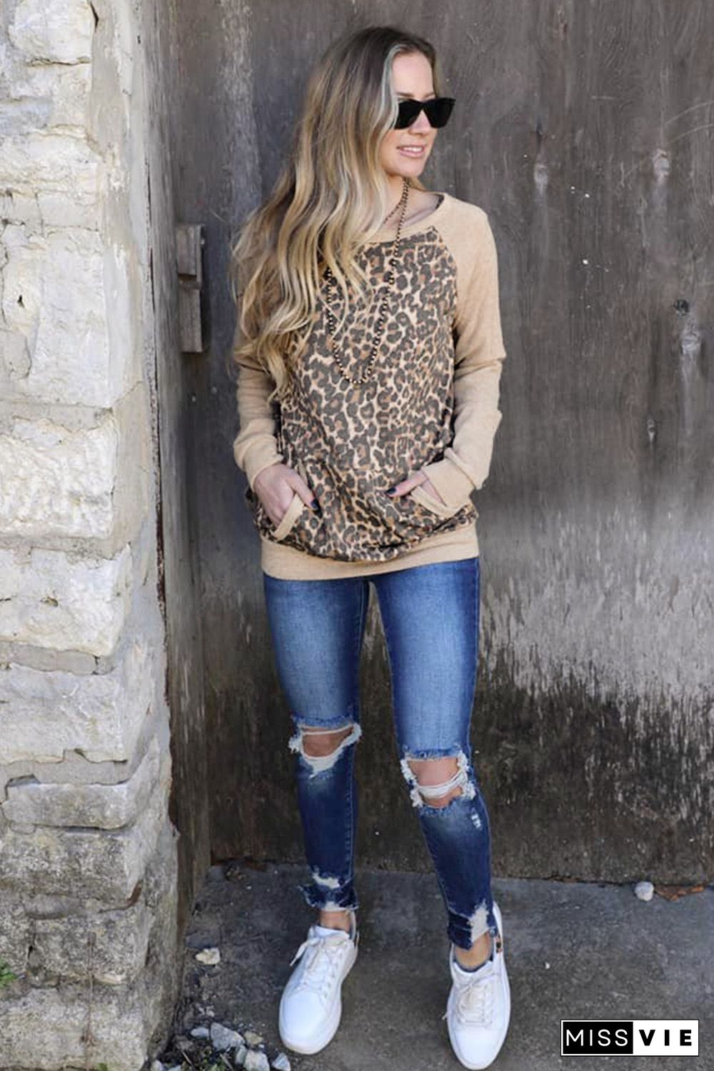 Leopard Kangaroo Pocket Raglan Sleeves Sweatshirt