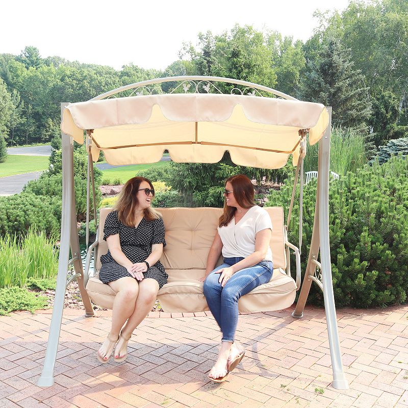 Sunnydaze 3-Person Steel Patio Swing Bench with Canopy/Cushion - Beige